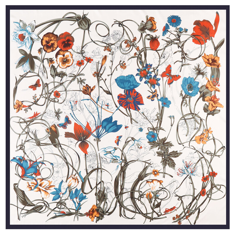 Lenço de seda floral para mulheres, lenço quadrado grande para senhoras, xale fashion, design de luxo, 130cm