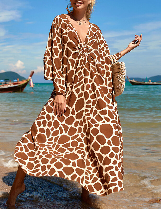 Bsubseach, кафтан с V-образным вырезом, женская Пляжная накидка, купальник с рукавами «летучая мышь», платья макси для женщин