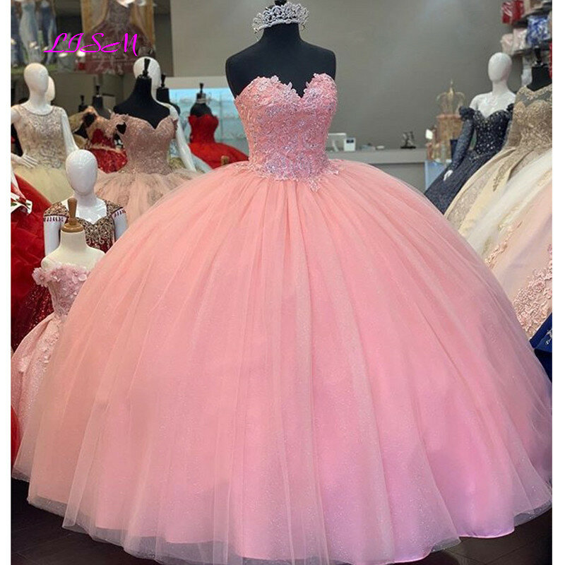 Abito da ballo rosa abito Quinceanera Lovely Sweetheart Lace Appliques abiti da ballo con perline per ragazze 15 anni vestido de noiva