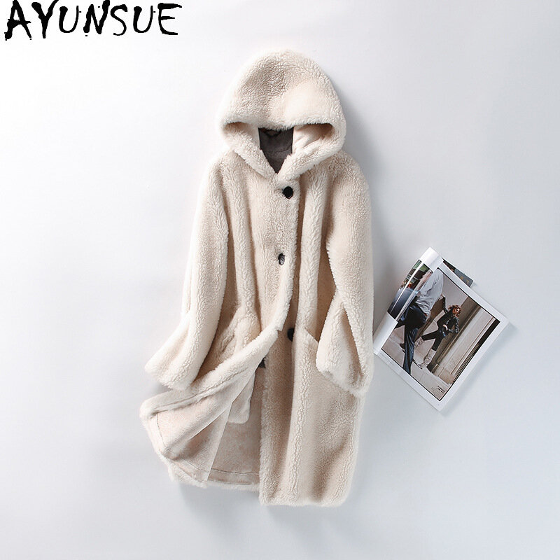 Ayune-chaqueta con capucha para mujer, abrigo informal de lana Real, chaqueta de corte de oveja coreana, Gxy603, invierno, 2021