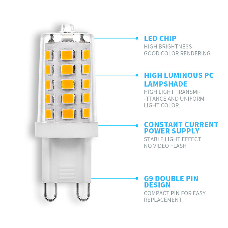 Bombilla LED G9 regulable, lámpara superbrillante para iluminación del hogar, CA de 220V, 110V, 5W, 500LM, sin parpadeo, 2835SMD, 32LED