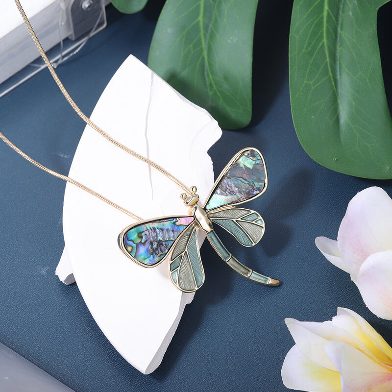 Meicem Women Insect Dragonfly Pendant Necklace Natural Abalone Shell 2022 New Unique Design Mother's Day Gift Women's Necklaces