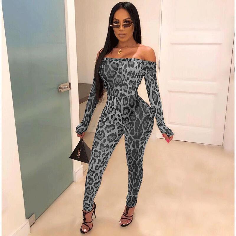 BKLD Women Fashion Leopard Off The Shoulder Rompers Jumpsuits Clubwear Ladies 2019 Autumn Flare Long Sleeve Bodycon Jumpsuits