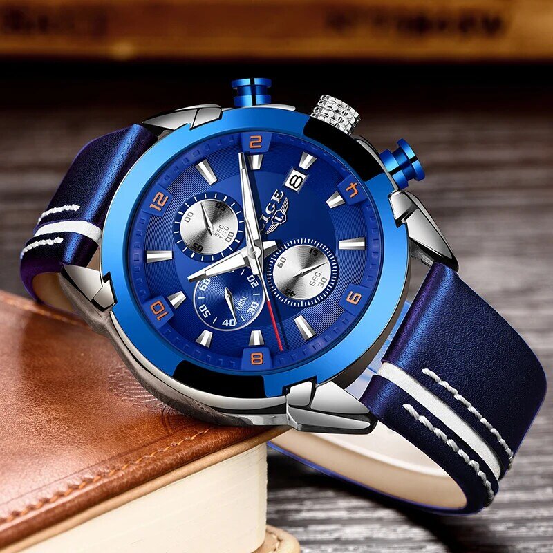 LIGE Leather band Quartz Men's Watches Top Luxury Brand Multifunction Sports Chronograph Watch Men Date Clock Relogio Masculino