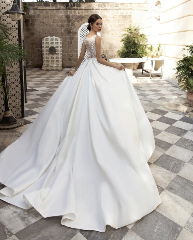 Свадебное платье, бальное платье с V-образным вырезом, искусственная Кружевная аппликация, атласное свадебное платье до пола со шлейфом, платье невесты