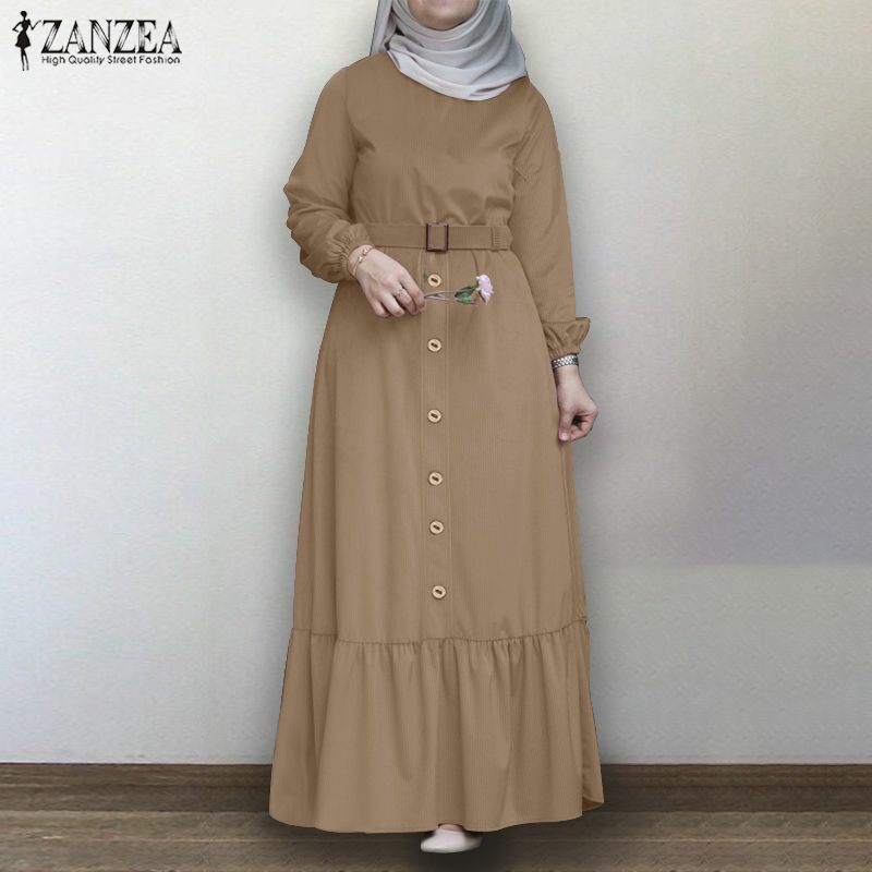 Mais tamanho feminino outono vestido de verão zanzea elegante camisa muçulmana vestido de manga longa maxi vestidos femininos botão ruffle vestidos 5xl