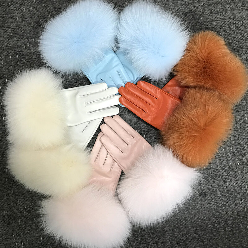 Prawdziwe futro z owczej skóry futrzane rękawice damskie rękawiczki z prawdziwej skóry zimowa ciepła moda w stylu naturalne puszyste futro lisa ponadgabarytowe dostosuj