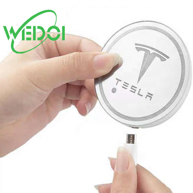 WEDOI Lampu Tempat Gelas Mobil LED untuk Model Tesla 3/Y/S/X Berubah Alas Cangkir Luminescent Aksesori Suasana LED