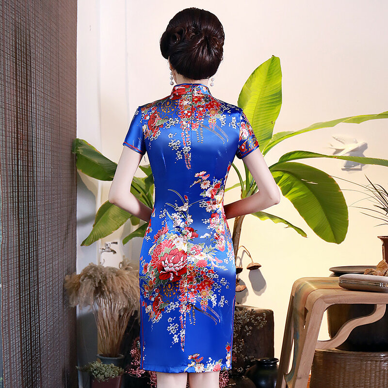 Royal Blue Print Flower Qipao For Women Classic Oriental Mini Chinese Dress Big Size 3XL Retro Casual Dresses Evening Party Gown
