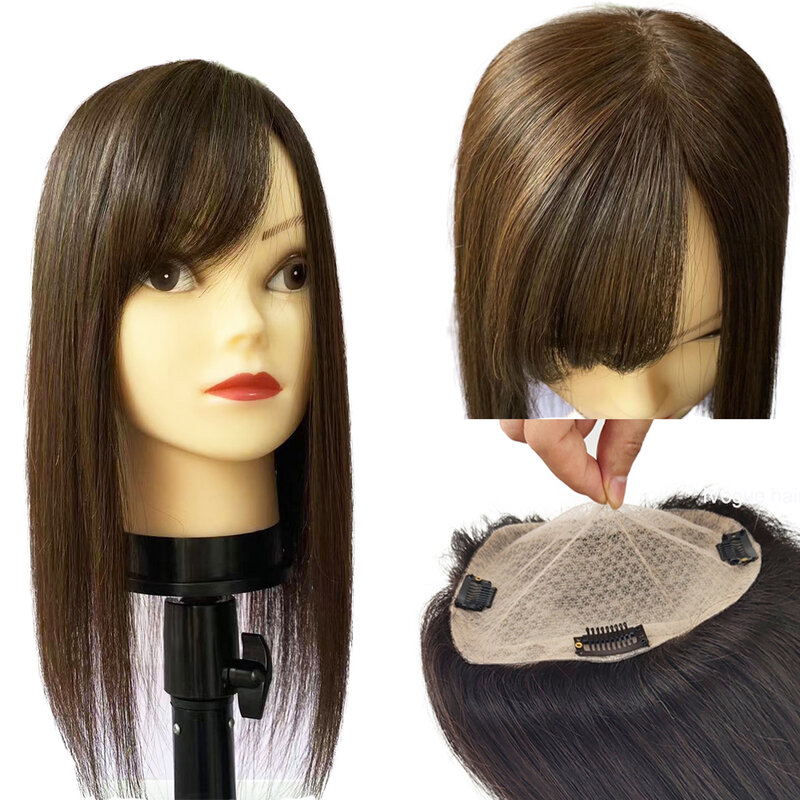 Накладка из коричневых человеческих волос с боковой челкой для женщин, накладные, основа для кожи, парик 5 Х5 дюймов, верхняя часть головы 4D, зажим для бахромы, шиньоны