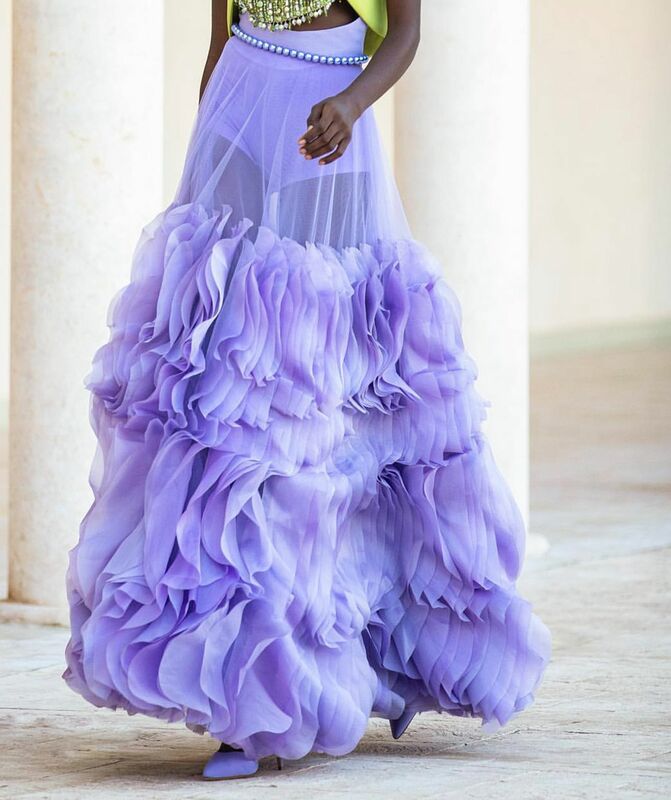 Rok Tulle Tembus Pandang Rok Malam Panjang Ungu Rok Minggu Mode Rok Gaun Bola Berlapis Subur Rok Pinggang Tinggi Gaun Prom