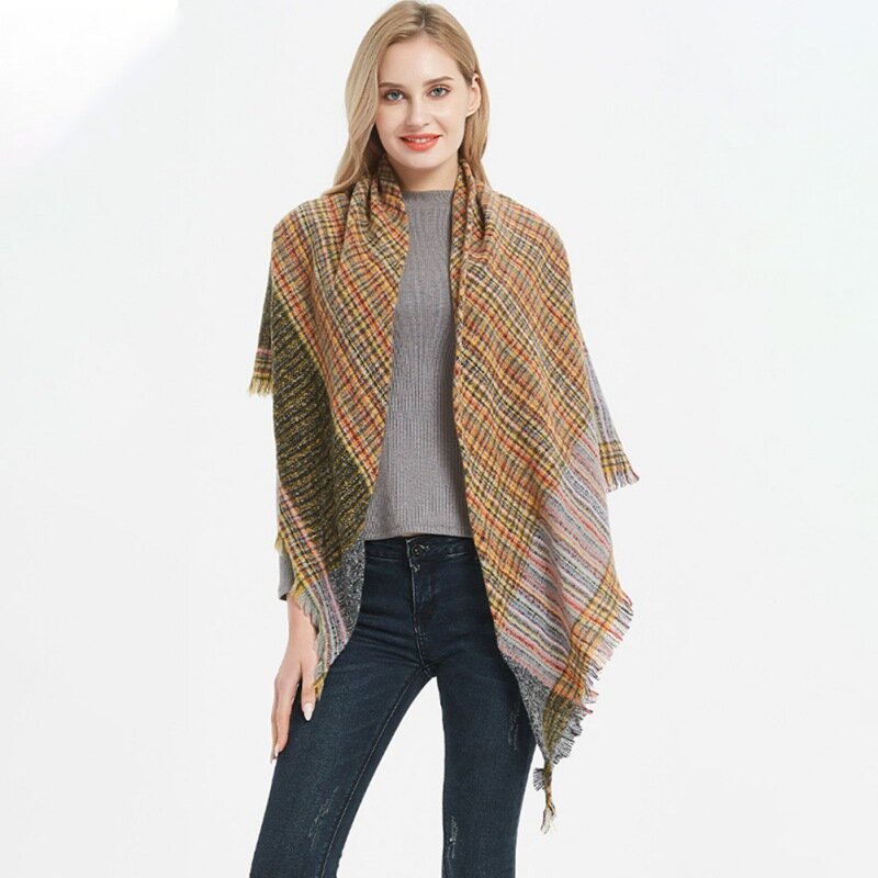 가을 겨울 패션 여성 면화, 도시 캐주얼 야생 컬러 격자 무늬 삼각형 겨울 스카프 목도리