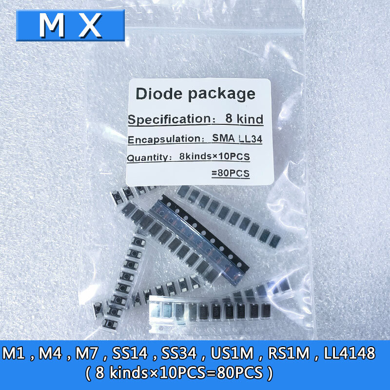8 типов * 10 Uds = 80 Uds./lote SMD paquetes de diodos/M1 (1N4001) / M4 (1N4004) / M7 (1N4007)/ SS14 US1M RS1M SS34 LL4148 KIT