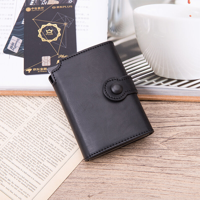 Мужской кожаный кошелек с RFID-кнопкой, держатель для кредитных карт, металлический алюминиевый автоматический выдвижной чехол с RFID-блокировкой для ID-карт, черный кошелек, кошелек для монет