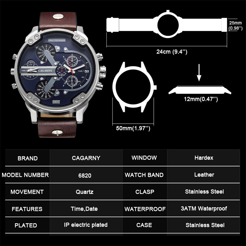 Cagarny 50mm grande relógio masculino marca de luxo relógio quartzo masculino relógios couro duplo dial analógico calendário militar relógio pulso