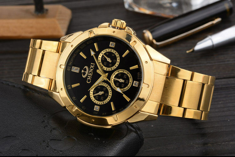 Часы наручные Chenxi мужские золотистые, роскошные брендовые, из нержавеющей стали
