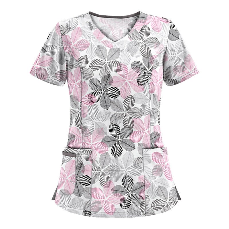 여성 꽃무늬 간호 스크럽 탑, 작업 유니폼 블라우스, 반팔 브이넥 유니폼, 간호복, 간호사 튜닉 유니폼