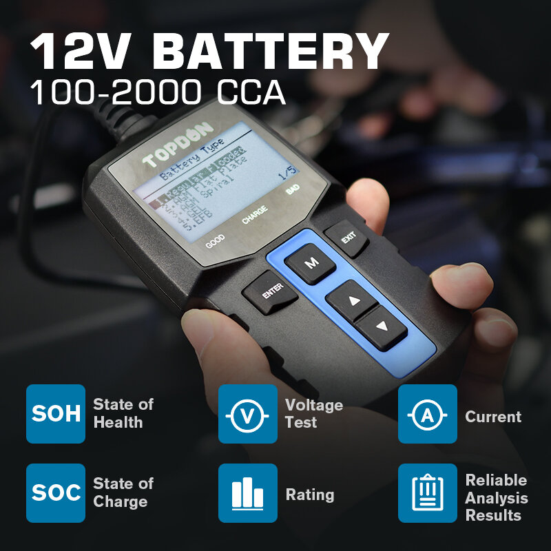 Topdon Bt100 12V Auto Batterij Tester Digitale Auto Diagnostische Batterij Tester Analyzer Voertuig Zwengelen Opladen Scanner Tool