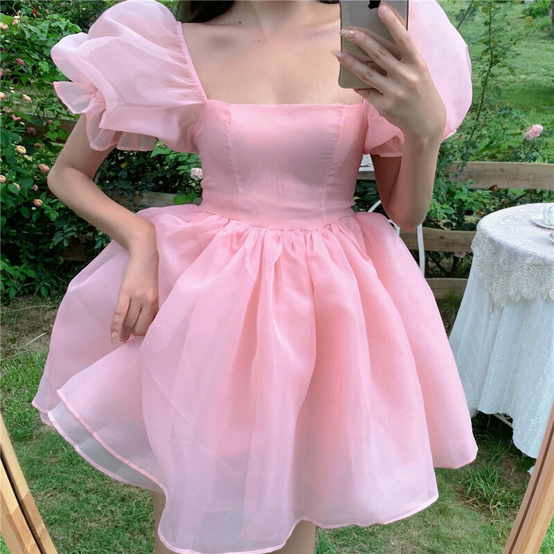 Mulher doce rosa vestido 2021 verão retro elegante gola quadrada puff manga fofo vestido coreano organza mini vestido de princesa