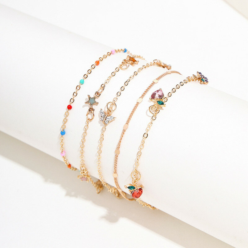 Ensemble de bracelets de cheville simples en cristal doux pour femmes, fruits, papillon, étoile, bracelet de cheville, mode, fête, bijoux, cadeaux, 5 pièces