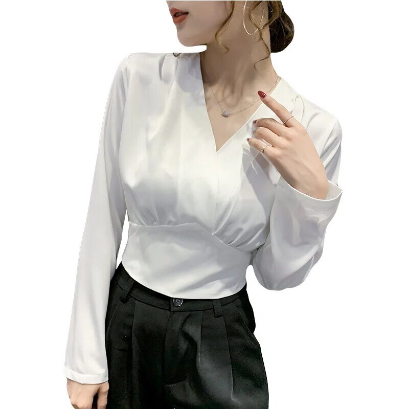 Женская блузка с V-образным вырезом, тонкая рубашка с высокой талией и длинным рукавом, свободного пупка, осень 2020