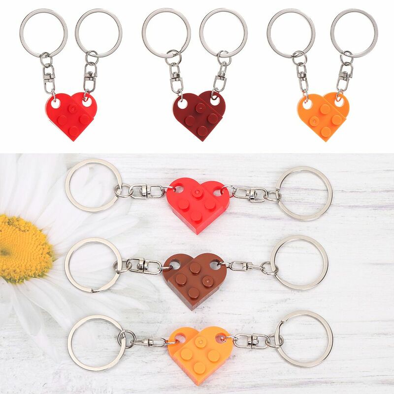 2PCS Fashion Couples Friendship Cute Building Block Keychains Heart Pendant Key Ring Key Buckle