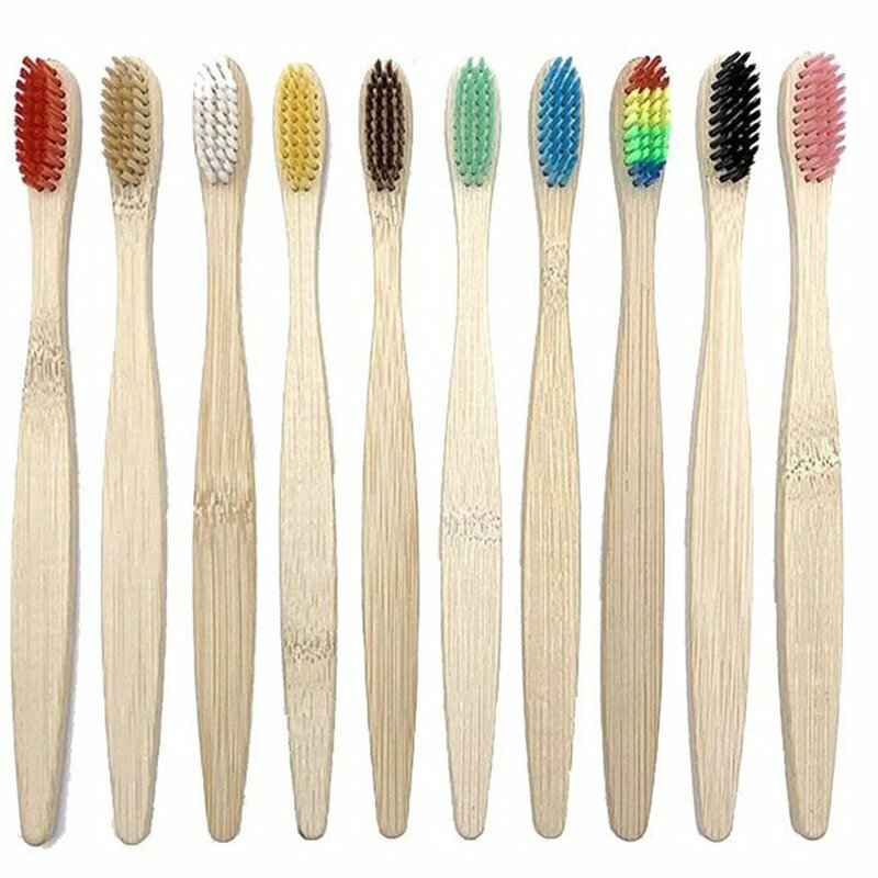 Escova de dentes de bambu natural com 10 unidades, escova de dentes macia para cuidados com os dentes