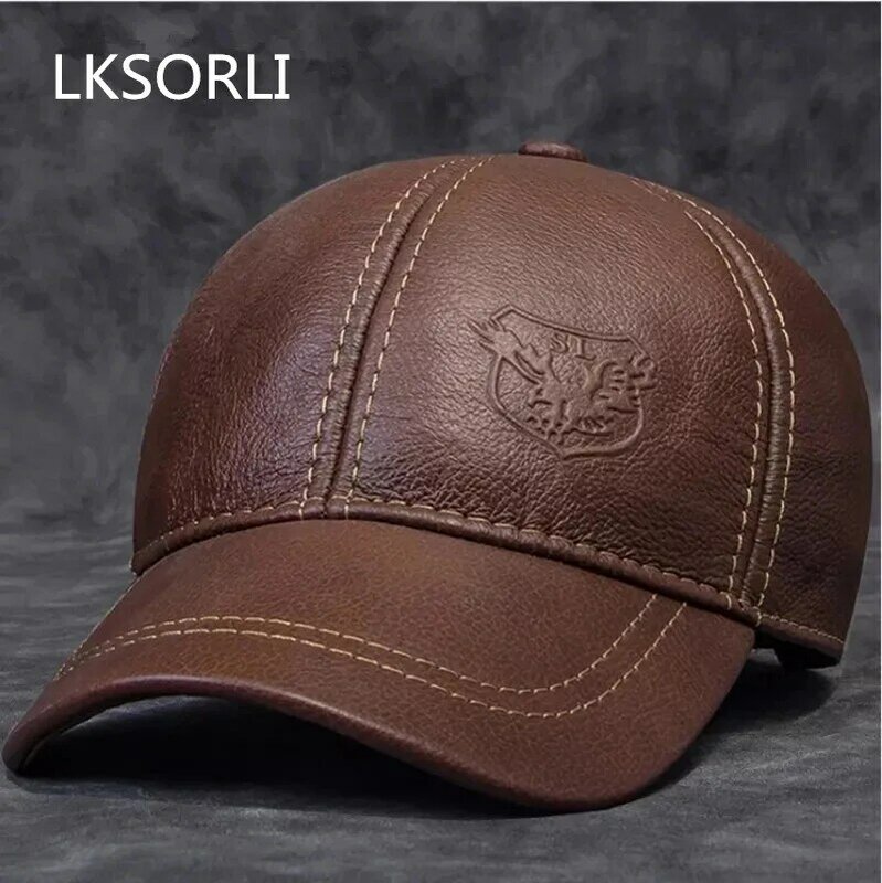 2023 Male Genuine Leather Cowhide 56-60CM Black/Brown Baseball Caps Eagle Print For Man Casual Street Gf Gorras Dad Hat