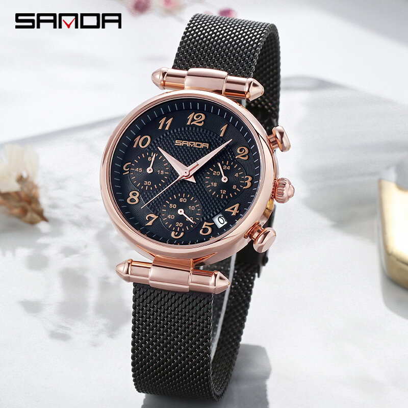 Sanda relógio pulseira feminina fashion luxuosa, à prova d'água em aço inoxidável ultrafina casual de quartzo