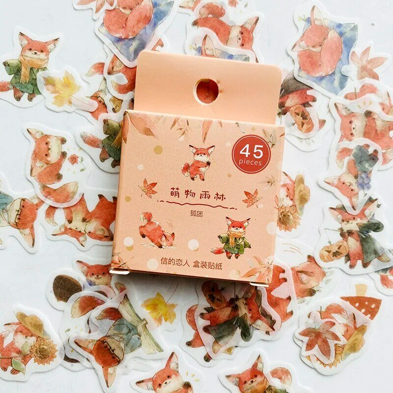 45PCS/Pack Cute Fox And Maple Leaves Paper Sticker Adhesive Craft Stick Label Notebook Computer DIY Decor Kids Gift Stationery