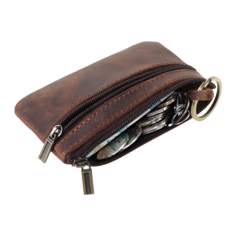 Women Men Retro Cowhide Slim Key Purse Zipper Around Wallet Solid New Fashion Unisex Handbag 11.5x7.5cm