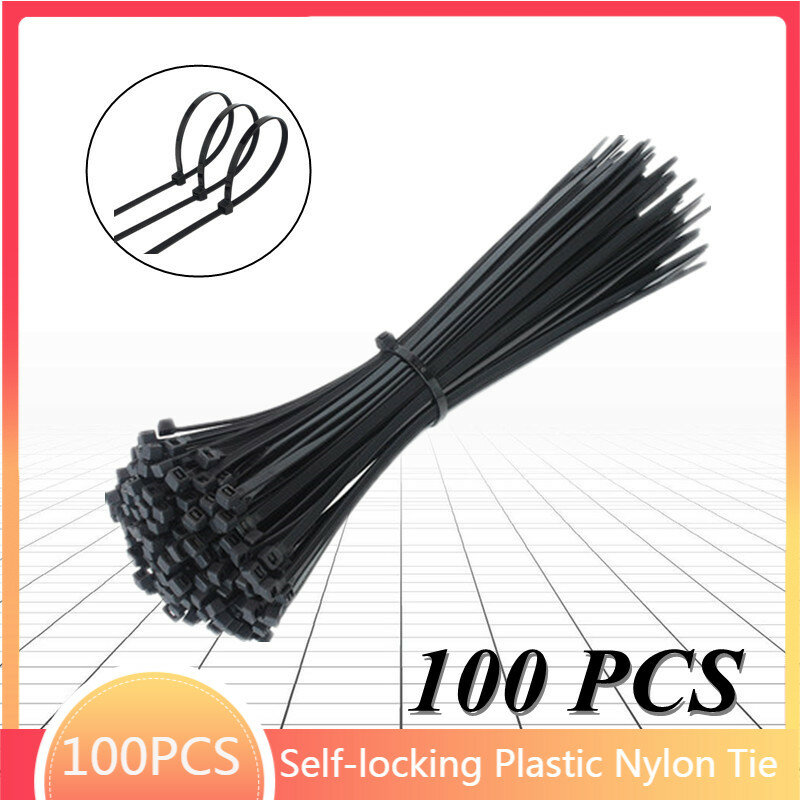 Brida de nailon de plástico con autosujeción, conjunto de cables y anillo de sujeción, con cremallera, color negro, 100 Uds.