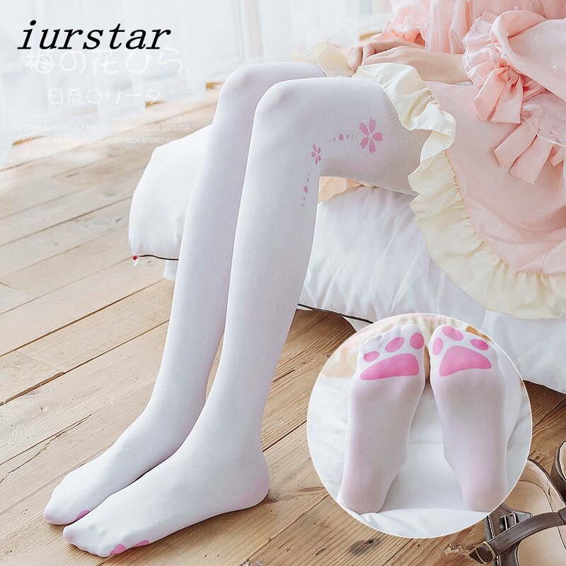 iurstar tights women Japan Girl Women Sexy Velvet Tights колготки женские Anime Secondary Cat Footprints Lolita White Pantyhose