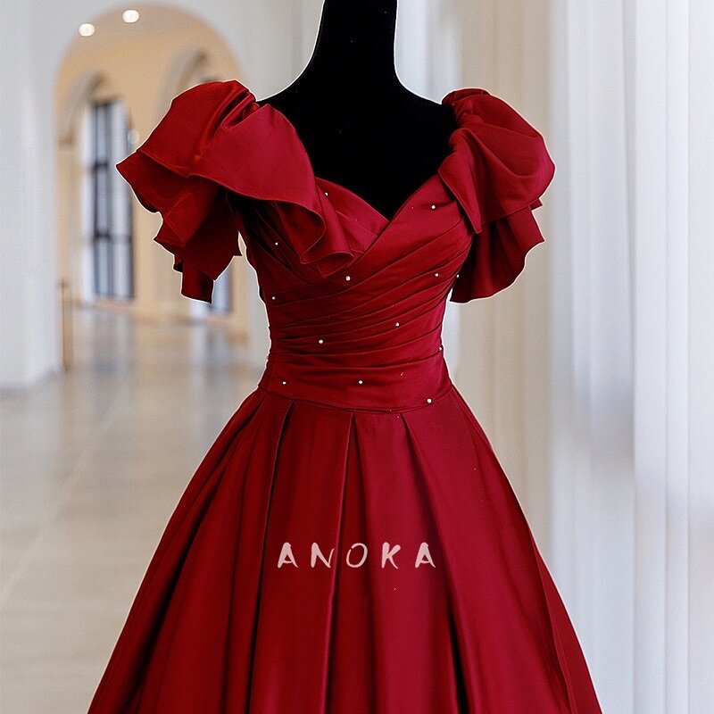 Vintage wino czerwone wieczorowe suknie dekolt księżniczka gorset perły bufiaste rękawy satynowa linia długa Prom ceremonia formalne suknie niestandardowe