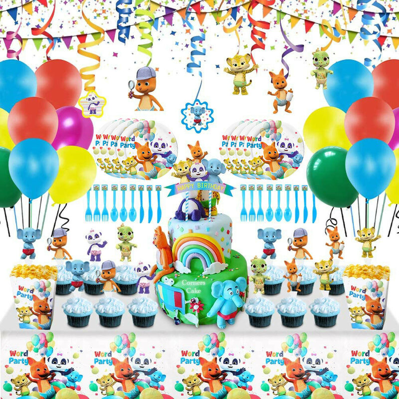 Juego de vajilla de decoración de fiesta de cumpleaños con temática de palabras calientes, animales de dibujos animados, vasos de papel, platos, suministros de cumpleaños para niños y Baby Shower