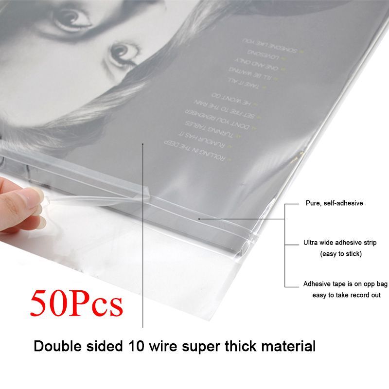 LEORY 50PCS OPP Gel Record Protective Cover for Turntable Player LP Vinyl Record Self-adhesive Record Bag 12" 32.3cm * 32cm