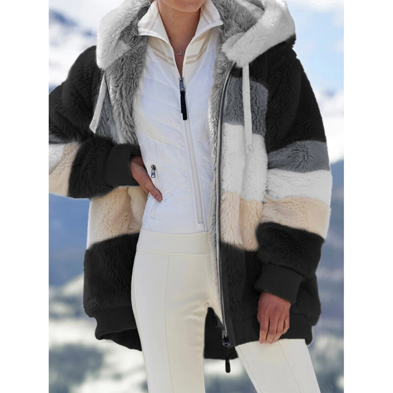 Cappotto di orsacchiotto caldo spesso donna inverno manica lunga soffice peloso giacche di pelliccia finta tasche con cerniera con cappuccio femminile cappotto taglie forti
