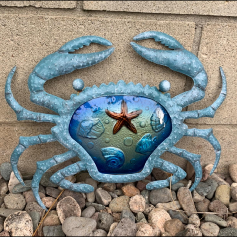 Metal Crab Wall Obra com vidro, estátuas em miniatura, esculturas ao ar livre do jardim, decoração Home