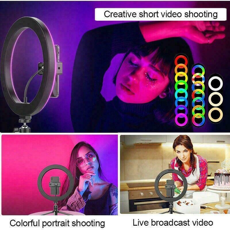 Dia.26cm usb powered led selfie anel de luz com clipe de telefone tripé suporte rgb multicolorido transmissão ao vivo fotografia maquiagem iluminação