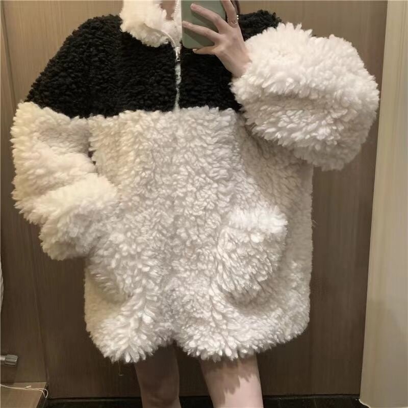 Winter New Gray Loose Fur Coat 2023 Women Casual Punk Style Jacket Ladies Harajuku Zippers Streetwear Vintage Clothing