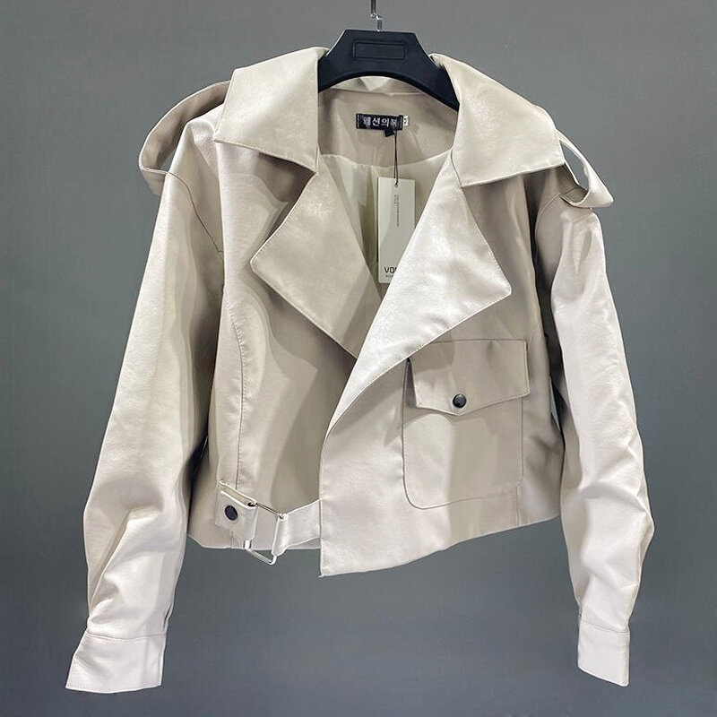 Estilo europeu 2022 outono na moda feminina oversize jaquetas de couro falso all-matched cortado casaco de motociclista mujer chaqueta