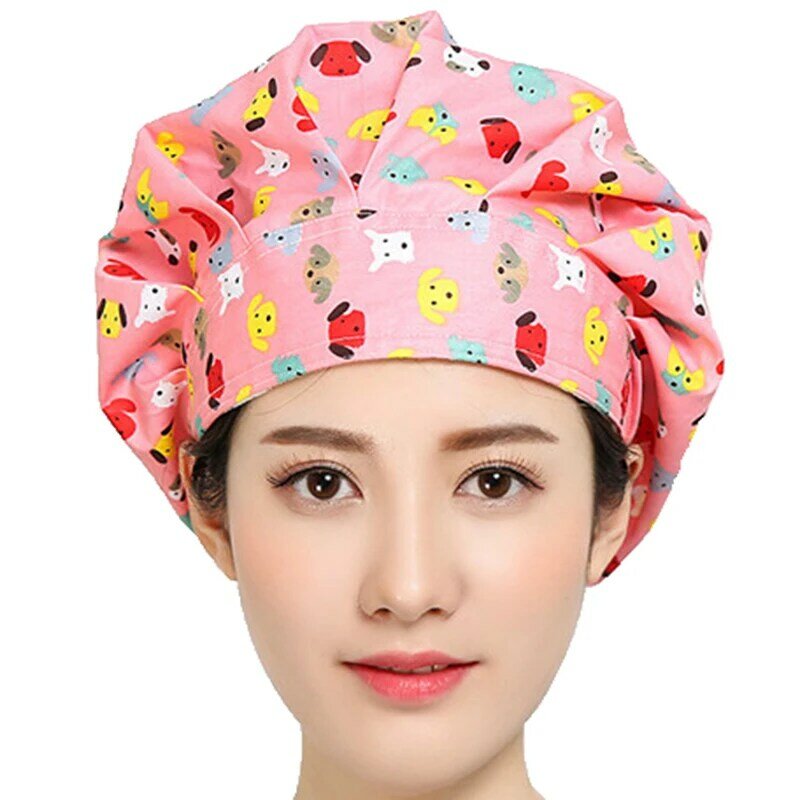 الدعك قبعات النساء غطاء رأس زهرة مطبوعة القطن العصابة منتفخ القبعات قابل للتعديل مكافحة الغبار قابل للغسل عمال التمريض قبعات