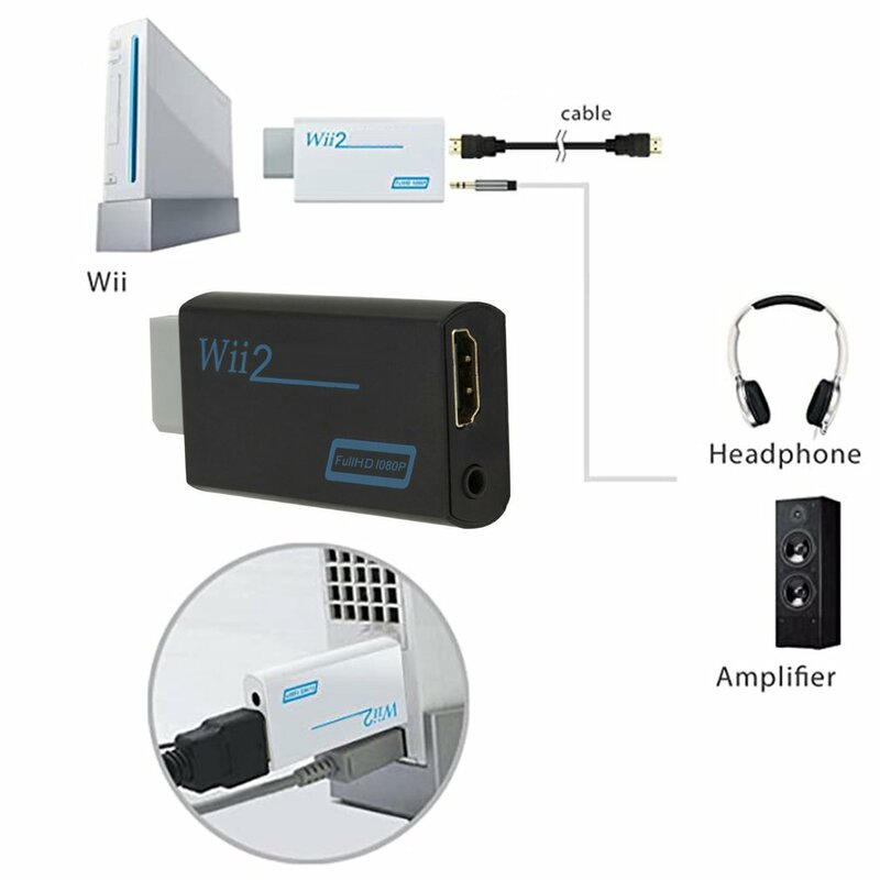 Adaptateur Wii 1080P vers HDMI, Convertisseur Compatible Wii2, Full HD, 3.5mm, Audio pour PC, TV, Moniteur HDTV, Affichage, Sortie Audio