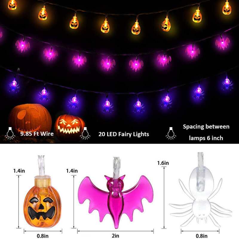 Decorações de halloween ao ar livre luzes 10/20 led abóbora aranha morcego crânio luz da corda bateria operado para festa de halloween indoor