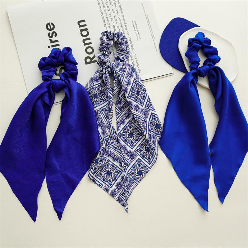 Chouchous avec nœud bleu pour femmes, foulard de queue de cheval, bande élastique douce, accessoires de cheveux pour filles