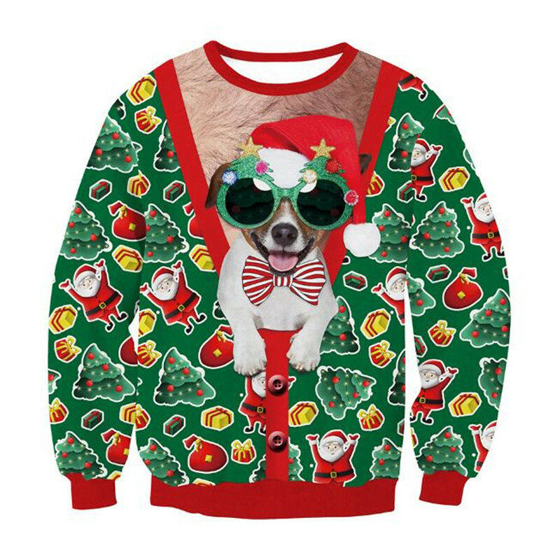 못생긴 크리스마스 스웨터 녹색 점퍼, 재미있는 3D 인쇄 휴일 파티 크리스마스 맨투맨, 파티 생일 크리스마스 맨투맨 2024