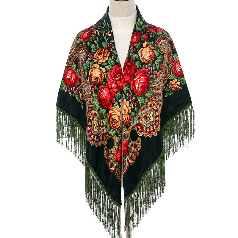 Lenço quadrado grande estilo russo feminino, xale com franjas retrô, lenços estampados em algodão, envoltórios hijab, xales étnicos, bandana, 135x135cm
