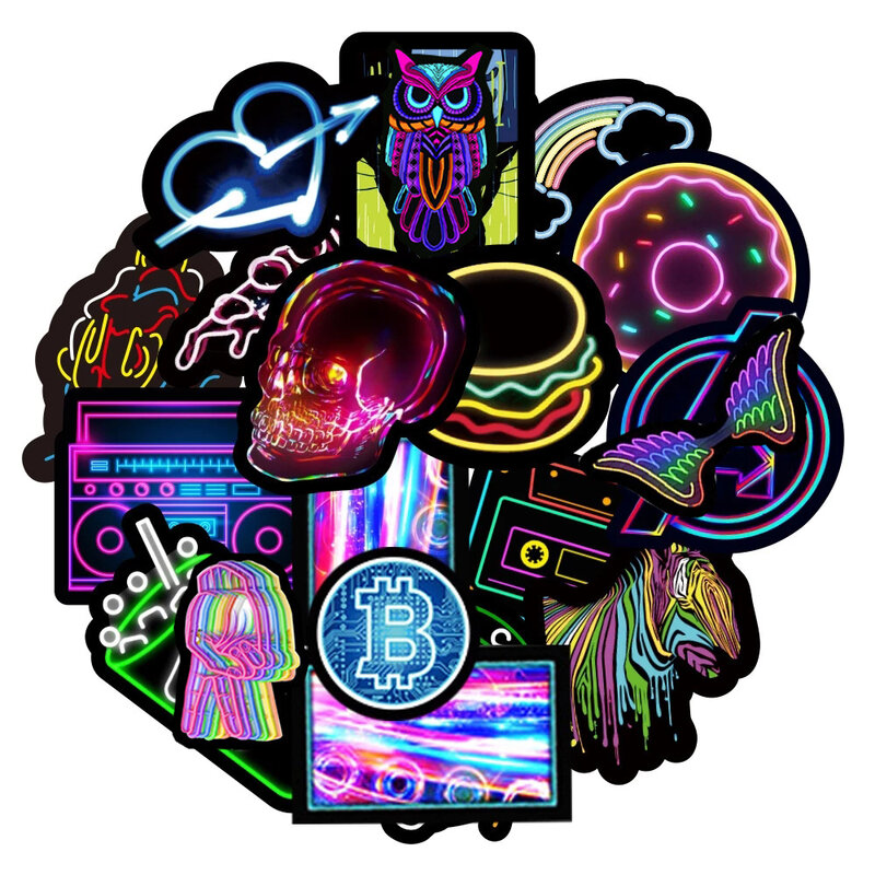 Desenhos animados Neon Light Graffiti Adesivos, Estético, Carro, Skate, Laptop, Telefone, Bicicleta, Brinquedo legal, Adesivo Decalque para Crianças, 10 Pcs, 30 Pcs, 50 Pcs, 100Pcs