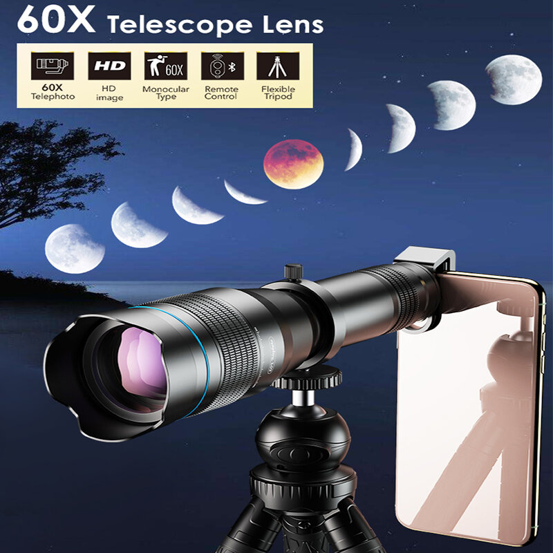 APEXEL-superteleobjetivo 60x, lente de Zoom para teléfono, Monocular potente, telescopio de Metal, teleobjetivo móvil, para turismo y acampada