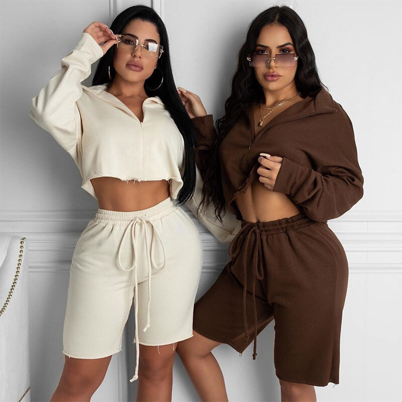 2 Pcs Women Solid Color Outfits Adults Casual Style Long Sleeve Stand Collar Crop Top + Shorts with Drawstring Trouser Clothes